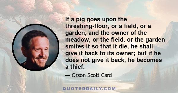 If a pig goes upon the threshing-floor, or a field, or a garden, and the owner of the meadow, or the field, or the garden smites it so that it die, he shall give it back to its owner; but if he does not give it back, he 