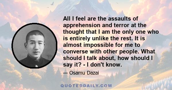 All I feel are the assaults of apprehension and terror at the thought that I am the only one who is entirely unlike the rest. It is almost impossible for me to converse with other people. What should I talk about, how