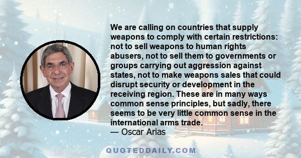 We are calling on countries that supply weapons to comply with certain restrictions: not to sell weapons to human rights abusers, not to sell them to governments or groups carrying out aggression against states, not to