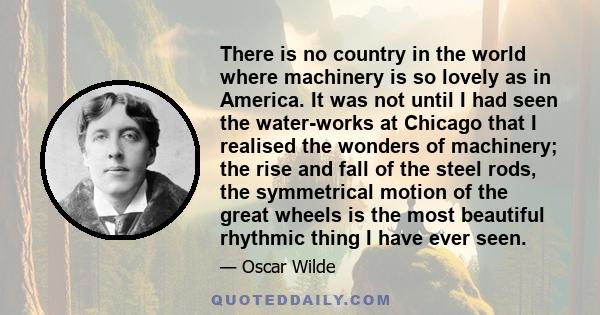 There is no country in the world where machinery is so lovely as in America. It was not until I had seen the water-works at Chicago that I realised the wonders of machinery; the rise and fall of the steel rods, the