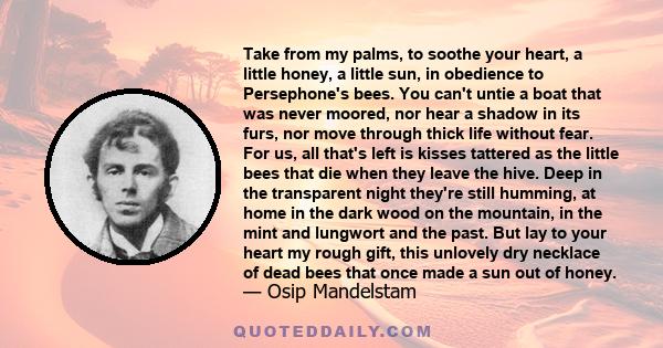 Take from my palms, to soothe your heart, a little honey, a little sun, in obedience to Persephone's bees. You can't untie a boat that was never moored, nor hear a shadow in its furs, nor move through thick life without 