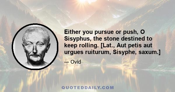 Either you pursue or push, O Sisyphus, the stone destined to keep rolling. [Lat., Aut petis aut urgues ruiturum, Sisyphe, saxum.]