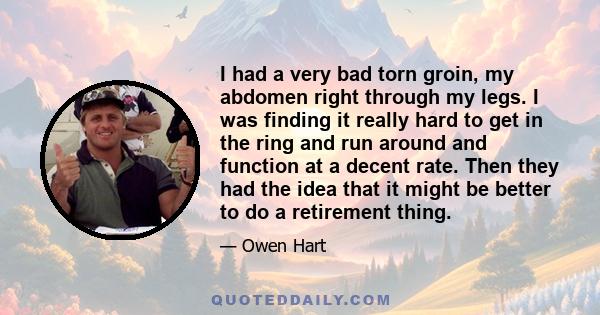 I had a very bad torn groin, my abdomen right through my legs. I was finding it really hard to get in the ring and run around and function at a decent rate. Then they had the idea that it might be better to do a