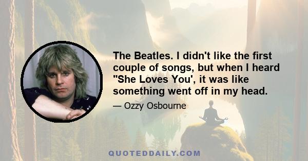 The Beatles. I didn't like the ﬁrst couple of songs, but when I heard She Loves You', it was like something went off in my head.