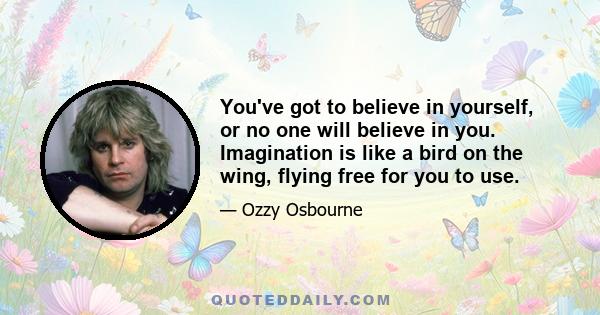 You've got to believe in yourself, or no one will believe in you. Imagination is like a bird on the wing, flying free for you to use.