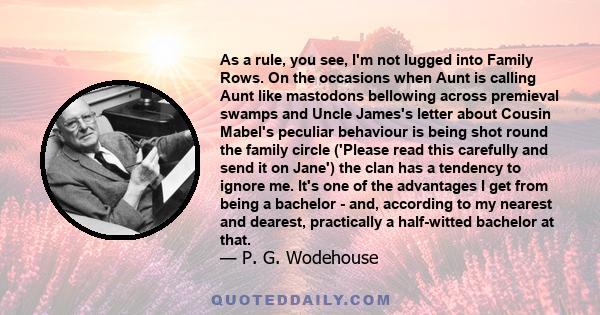 As a rule, you see, I'm not lugged into Family Rows. On the occasions when Aunt is calling Aunt like mastodons bellowing across premieval swamps and Uncle James's letter about Cousin Mabel's peculiar behaviour is being