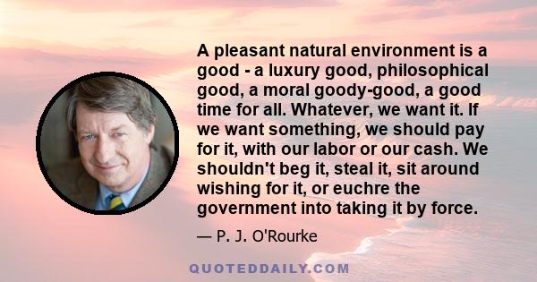 A pleasant natural environment is a good - a luxury good, philosophical good, a moral goody-good, a good time for all. Whatever, we want it. If we want something, we should pay for it, with our labor or our cash. We