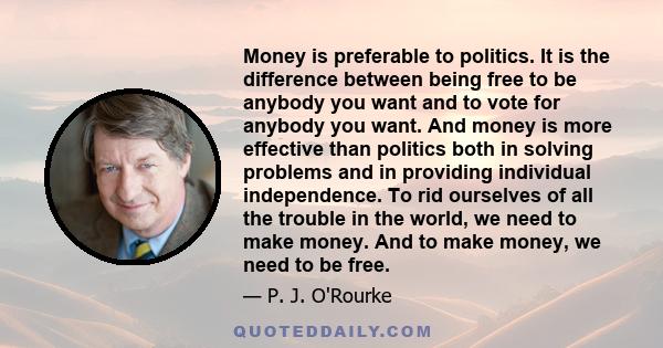 Money is preferable to politics. It is the difference between being free to be anybody you want and to vote for anybody you want. And money is more effective than politics both in solving problems and in providing