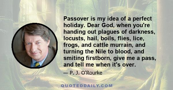 Passover is my idea of a perfect holiday. Dear God, when you're handing out plagues of darkness, locusts, hail, boils, flies, lice, frogs, and cattle murrain, and turning the Nile to blood, and smiting firstborn, give