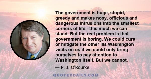 The government is huge, stupid, greedy and makes nosy, officious and dangerous intrusions into the smallest corners of life - this much we can stand. But the real problem is that government is boring. We could cure or