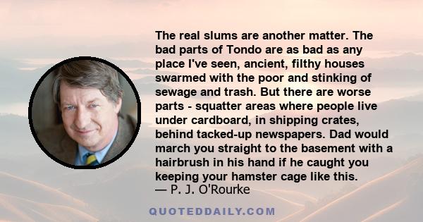 The real slums are another matter. The bad parts of Tondo are as bad as any place I've seen, ancient, filthy houses swarmed with the poor and stinking of sewage and trash. But there are worse parts - squatter areas