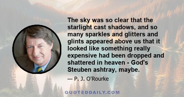 The sky was so clear that the starlight cast shadows, and so many sparkles and glitters and glints appeared above us that it looked like something really expensive had been dropped and shattered in heaven - God's