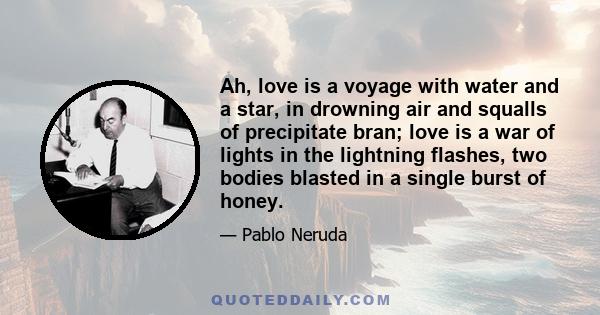 Ah, love is a voyage with water and a star, in drowning air and squalls of precipitate bran; love is a war of lights in the lightning flashes, two bodies blasted in a single burst of honey.