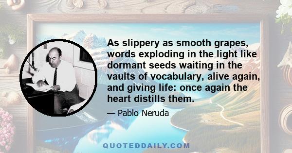 As slippery as smooth grapes, words exploding in the light like dormant seeds waiting in the vaults of vocabulary, alive again, and giving life: once again the heart distills them.