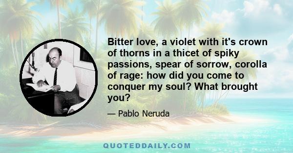 Bitter love, a violet with it's crown of thorns in a thicet of spiky passions, spear of sorrow, corolla of rage: how did you come to conquer my soul? What brought you?