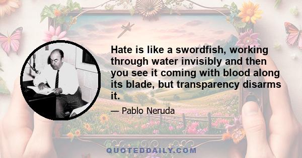 Hate is like a swordfish, working through water invisibly and then you see it coming with blood along its blade, but transparency disarms it.