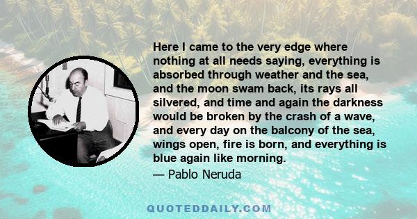 Here I came to the very edge where nothing at all needs saying, everything is absorbed through weather and the sea, and the moon swam back, its rays all silvered, and time and again the darkness would be broken by the