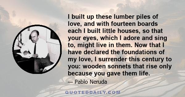 I built up these lumber piles of love, and with fourteen boards each I built little houses, so that your eyes, which I adore and sing to, might live in them. Now that I have declared the foundations of my love, I