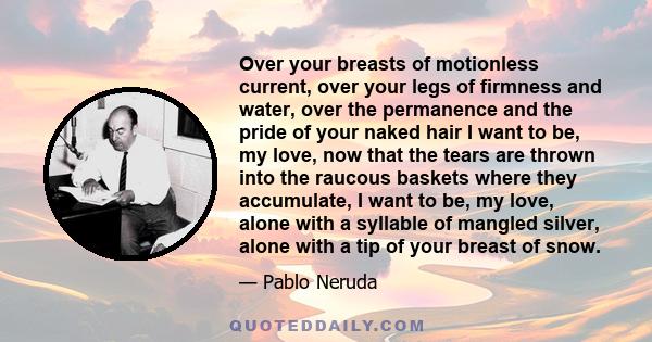 Over your breasts of motionless current, over your legs of firmness and water, over the permanence and the pride of your naked hair I want to be, my love, now that the tears are thrown into the raucous baskets where