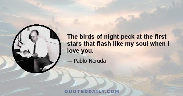 The birds of night peck at the first stars that flash like my soul when I love you.