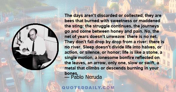 The days aren't discarded or collected, they are bees that burned with sweetness or maddened the sting: the struggle continues, the journeys go and come between honey and pain. No, the net of years doesn't unweave: