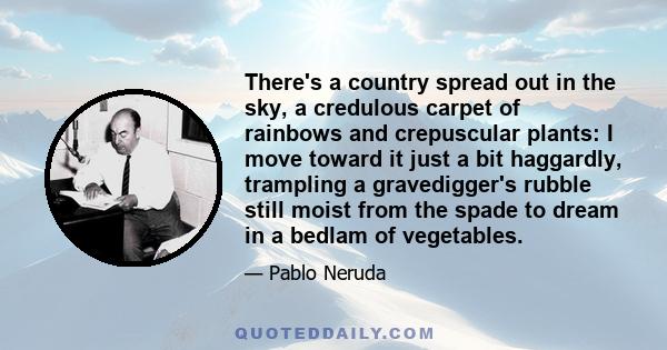 There's a country spread out in the sky, a credulous carpet of rainbows and crepuscular plants: I move toward it just a bit haggardly, trampling a gravedigger's rubble still moist from the spade to dream in a bedlam of