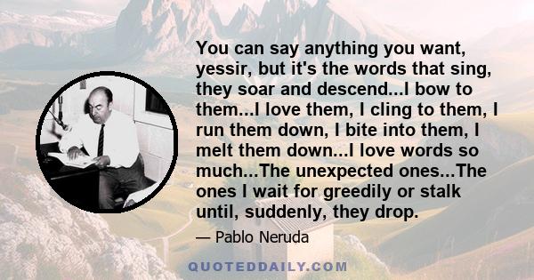 You can say anything you want, yessir, but it's the words that sing, they soar and descend...I bow to them...I love them, I cling to them, I run them down, I bite into them, I melt them down...I love words so much...The 