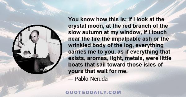 You know how this is: if I look at the crystal moon, at the red branch of the slow autumn at my window, if I touch near the fire the impalpable ash or the wrinkled body of the log, everything carries me to you, as if