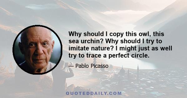 Why should I copy this owl, this sea urchin? Why should I try to imitate nature? I might just as well try to trace a perfect circle.