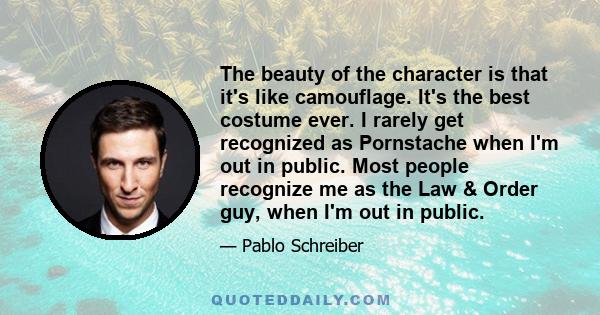 The beauty of the character is that it's like camouflage. It's the best costume ever. I rarely get recognized as Pornstache when I'm out in public. Most people recognize me as the Law & Order guy, when I'm out in public.