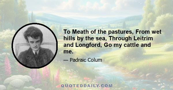 To Meath of the pastures, From wet hills by the sea, Through Leitrim and Longford, Go my cattle and me.