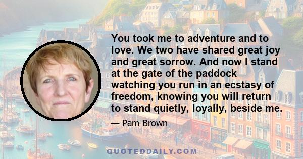 You took me to adventure and to love. We two have shared great joy and great sorrow. And now I stand at the gate of the paddock watching you run in an ecstasy of freedom, knowing you will return to stand quietly,