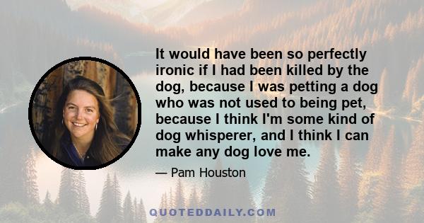 It would have been so perfectly ironic if I had been killed by the dog, because I was petting a dog who was not used to being pet, because I think I'm some kind of dog whisperer, and I think I can make any dog love me.