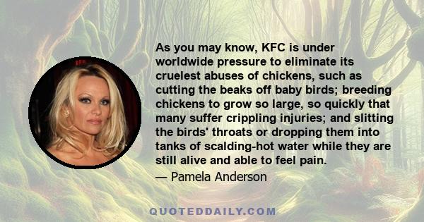 As you may know, KFC is under worldwide pressure to eliminate its cruelest abuses of chickens, such as cutting the beaks off baby birds; breeding chickens to grow so large, so quickly that many suffer crippling