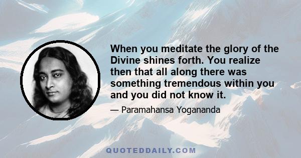 When you meditate the glory of the Divine shines forth. You realize then that all along there was something tremendous within you and you did not know it.