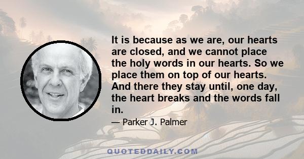 It is because as we are, our hearts are closed, and we cannot place the holy words in our hearts. So we place them on top of our hearts. And there they stay until, one day, the heart breaks and the words fall in.