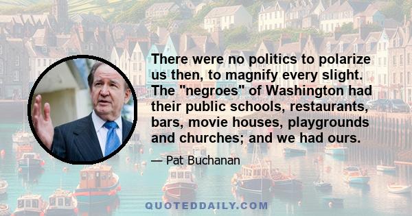 There were no politics to polarize us then, to magnify every slight. The negroes of Washington had their public schools, restaurants, bars, movie houses, playgrounds and churches; and we had ours.