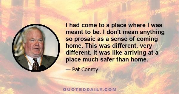 I had come to a place where I was meant to be. I don't mean anything so prosaic as a sense of coming home. This was different, very different. It was like arriving at a place much safer than home.