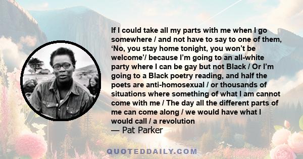 If I could take all my parts with me when I go somewhere / and not have to say to one of them, ‘No, you stay home tonight, you won’t be welcome’/ because I’m going to an all-white party where I can be gay but not Black