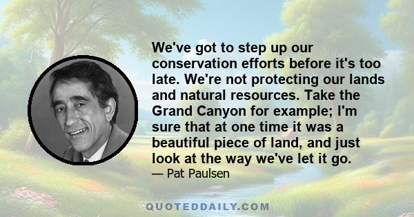 We've got to step up our conservation efforts before it's too late. We're not protecting our lands and natural resources. Take the Grand Canyon for example; I'm sure that at one time it was a beautiful piece of land,