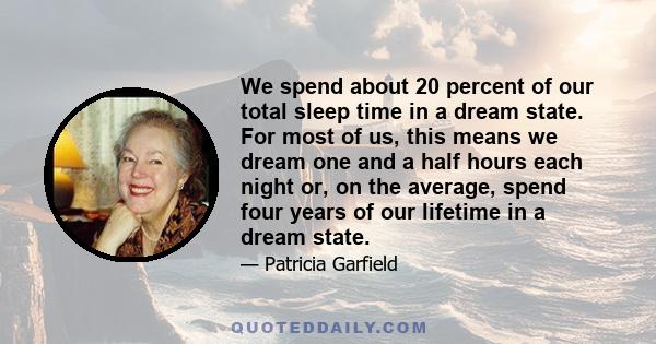 We spend about 20 percent of our total sleep time in a dream state. For most of us, this means we dream one and a half hours each night or, on the average, spend four years of our lifetime in a dream state.