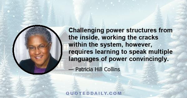 Challenging power structures from the inside, working the cracks within the system, however, requires learning to speak multiple languages of power convincingly.