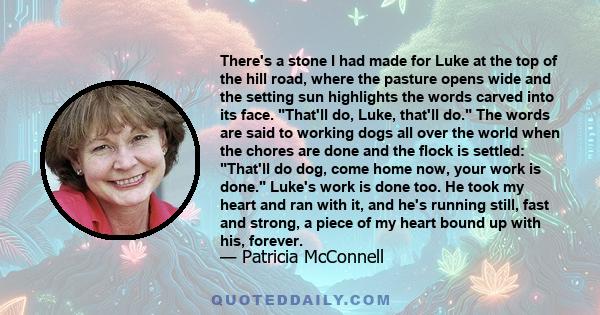 There's a stone I had made for Luke at the top of the hill road, where the pasture opens wide and the setting sun highlights the words carved into its face. That'll do, Luke, that'll do. The words are said to working