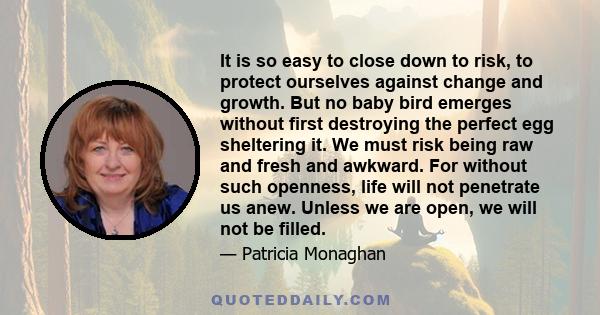 It is so easy to close down to risk, to protect ourselves against change and growth. But no baby bird emerges without first destroying the perfect egg sheltering it. We must risk being raw and fresh and awkward. For