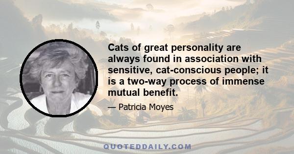 Cats of great personality are always found in association with sensitive, cat-conscious people; it is a two-way process of immense mutual benefit.