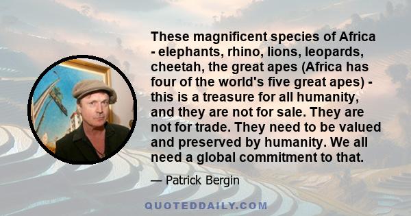 These magnificent species of Africa - elephants, rhino, lions, leopards, cheetah, the great apes (Africa has four of the world's five great apes) - this is a treasure for all humanity, and they are not for sale. They