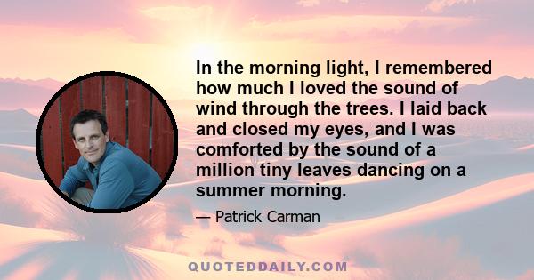 In the morning light, I remembered how much I loved the sound of wind through the trees. I laid back and closed my eyes, and I was comforted by the sound of a million tiny leaves dancing on a summer morning.