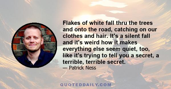 Flakes of white fall thru the trees and onto the road, catching on our clothes and hair. It's a silent fall and it's weird how it makes everything else seem quiet, too, like it's trying to tell you a secret, a terrible, 