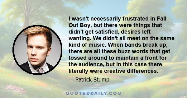 I wasn't necessarily frustrated in Fall Out Boy, but there were things that didn't get satisfied, desires left wanting. We didn't all meet on the same kind of music. When bands break up, there are all these buzz words