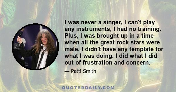 I was never a singer, I can't play any instruments, I had no training. Plus, I was brought up in a time when all the great rock stars were male. I didn't have any template for what I was doing. I did what I did out of